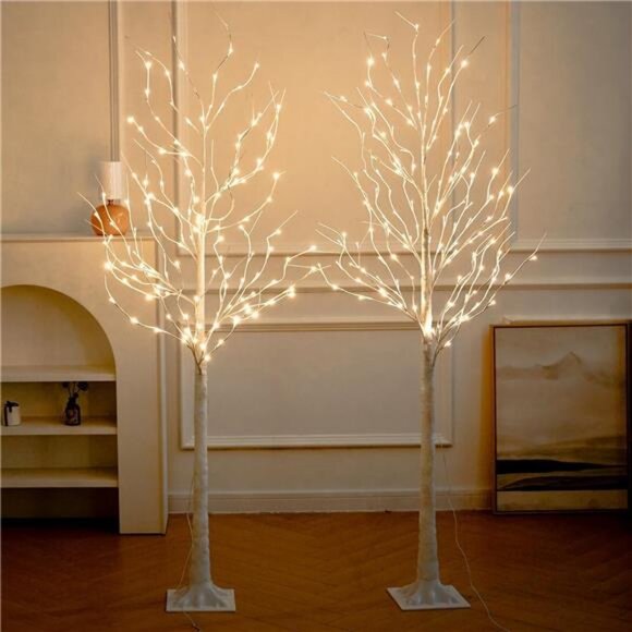Lighted Birch Tree, 2 Pack 6‎ Feet 144 Warm White Lights, Prelit White